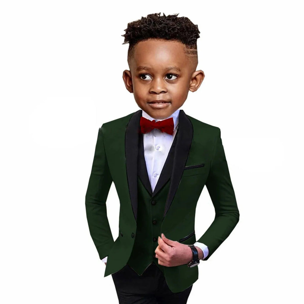SHOWLU Boys 3-Piece Formal Suit with spliced shawl lapel, blazer, vest, and pants, perfect for weddings and parties.