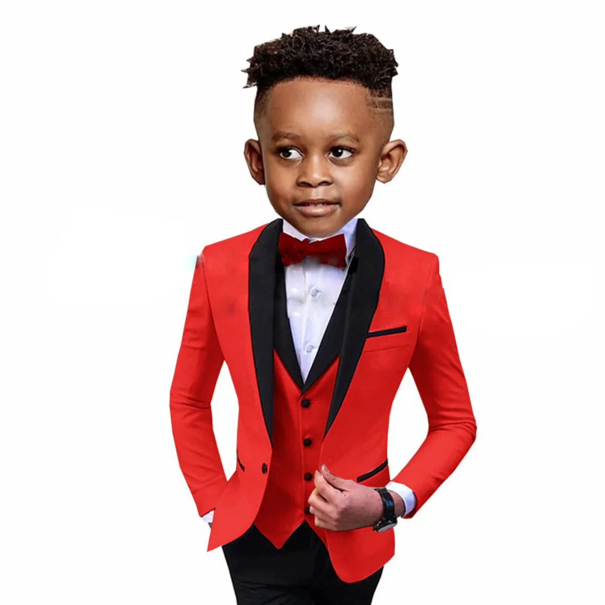 SHOWLU Boys 3-piece formal suit with spliced shawl lapel, including blazer, vest, and pants for wedding and party occasions.