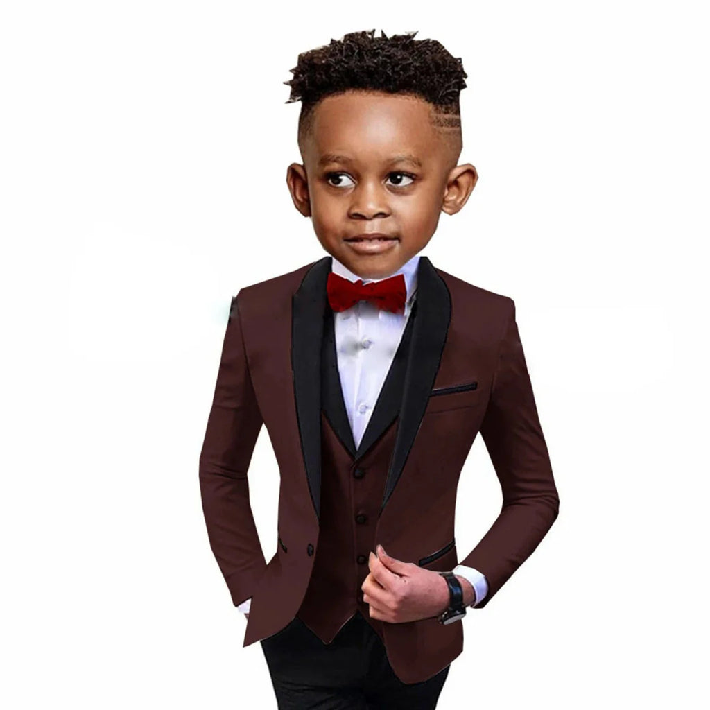 SHOWLU Boys 3-piece formal suit with spliced shawl lapel, vest, and pants, perfect for wedding or party dress-up.