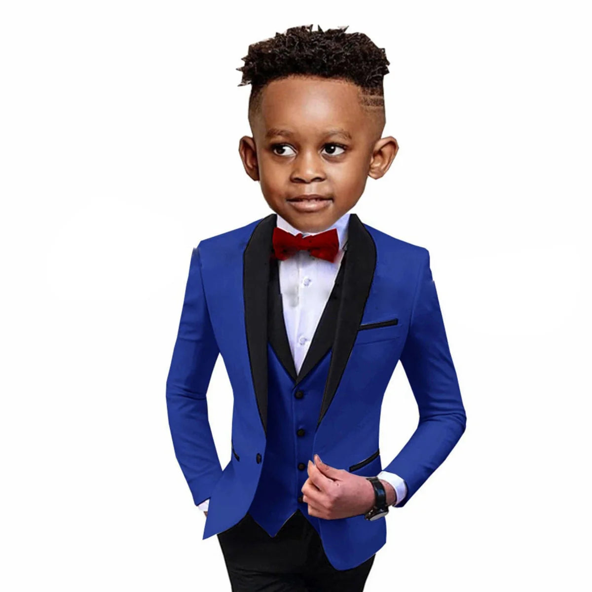 SHOWLU Boys 3-piece formal suit with spliced shawl lapel, blazer, vest, and pants, ideal for wedding and party occasions.