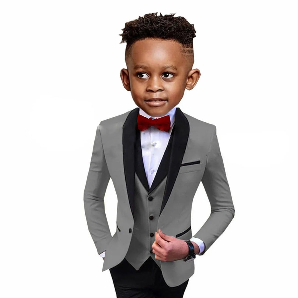 SHOWLU Boys 3-piece formal suit with spliced shawl lapel, vest, and pants, perfect for wedding or party dress occasions.