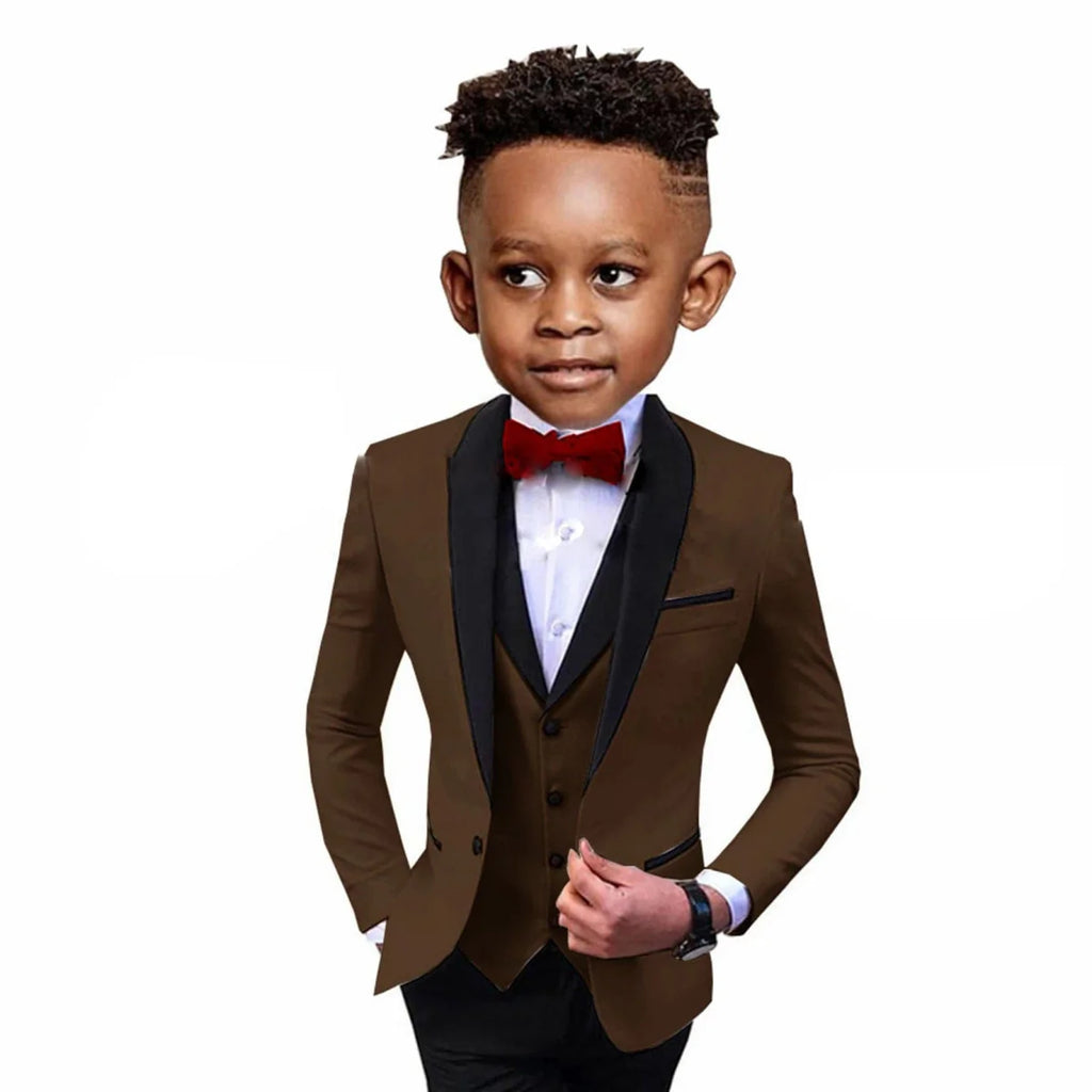 SHOWLU Boys 3-piece formal suit with spliced shawl lapel, blazer, vest, and pants, ideal for weddings and parties.