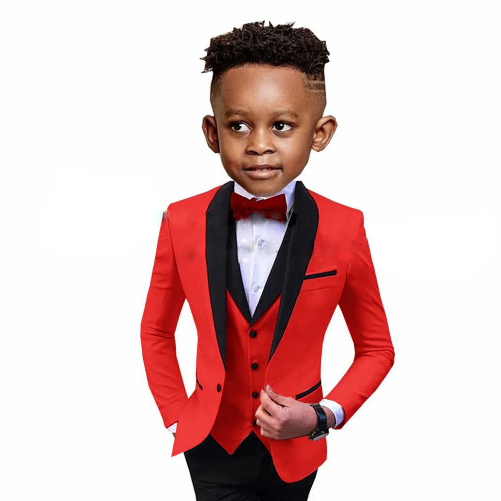 SHOWLU Boys 3-piece formal suit with spliced shawl lapel, including blazer, vest, and pants for wedding or party attire.
