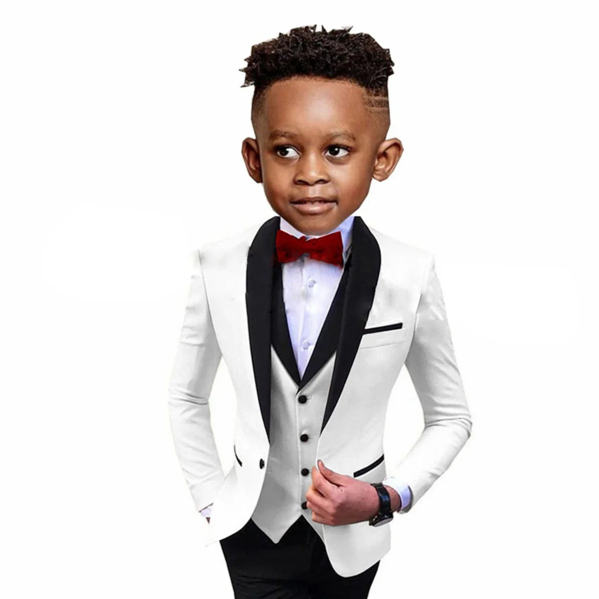 SHOWLU boys 3-piece formal suit with spliced shawl lapel, blazer, vest, and pants perfect for weddings and parties.