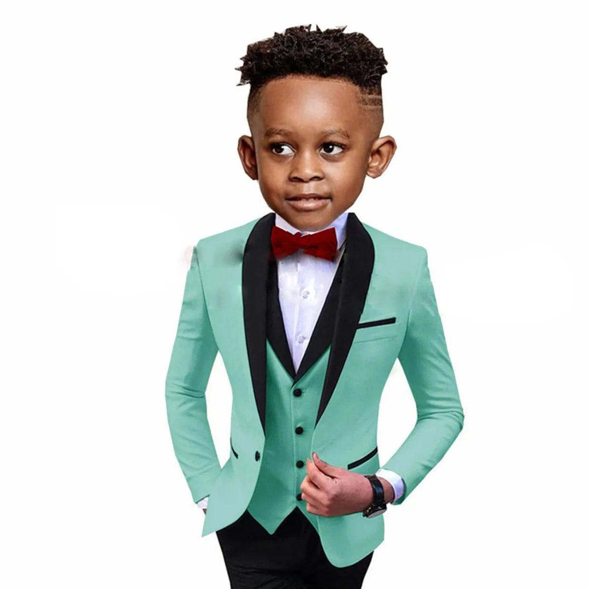 SHOWLU Boys 3-piece formal suit with spliced shawl lapel, blazer, vest, and pants, ideal for wedding and party occasions.