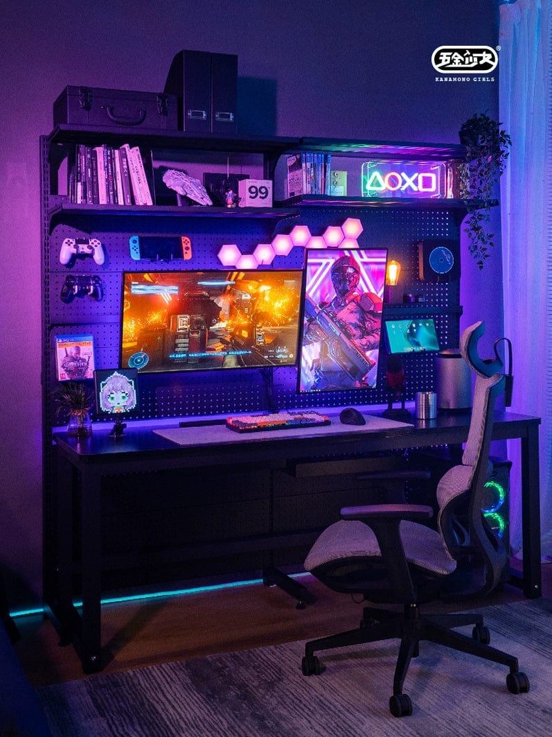 Wire-wrap desktop bookshelf and game table for young adults, featuring a modern hardware design and functional workspace.