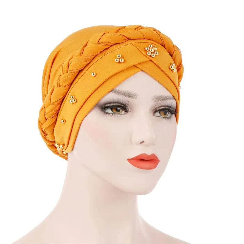 Showlu two-color cotton braid turban bonnet with pearls, inner hijab cap for Muslim women, head scarf with elegant design.