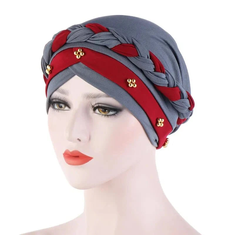 Showlu Two-Color Cotton Braid Turban Bonnet with pearls, inner hijab cap for Muslim women, stylish head-scarf for modest wear