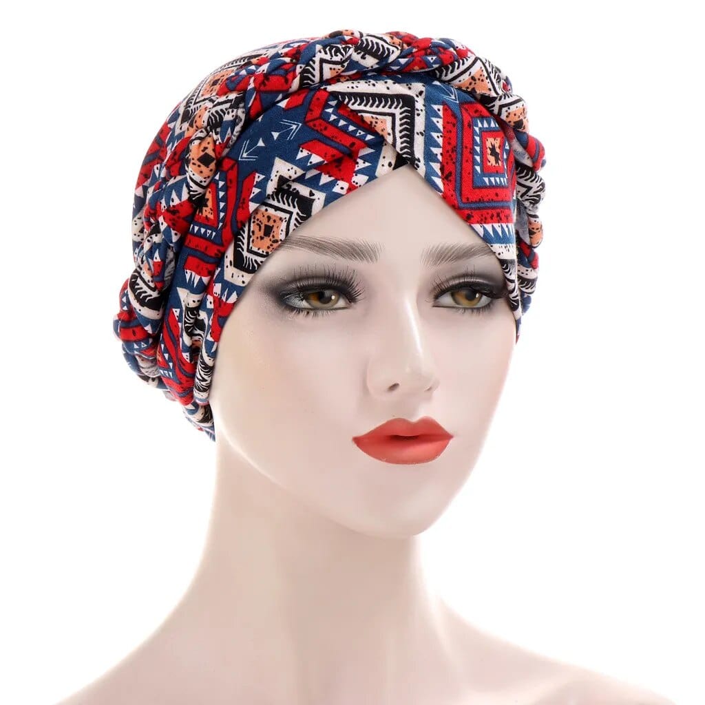 Showlu two-color cotton braid turban bonnet with pearls, inner hijab cap for Muslim women, head scarf, and stylish Arab wrap.