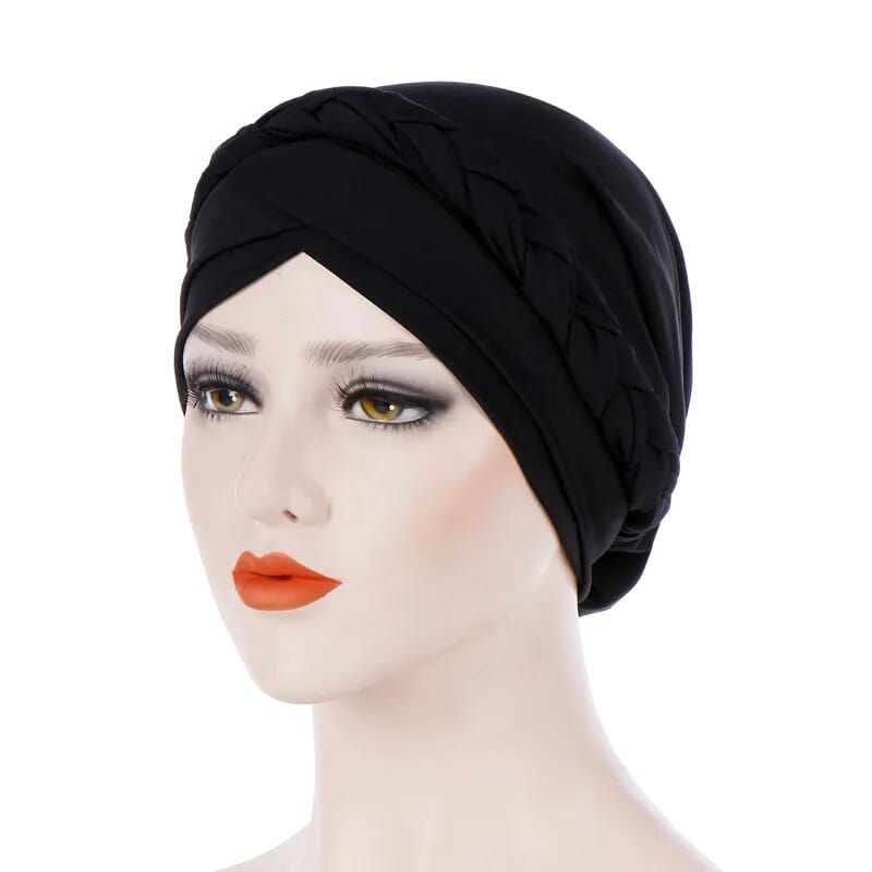 Showlu two-color cotton braid turban bonnet with pearl accents, inner hijab cap for Muslim women, head covering and stylish wrap