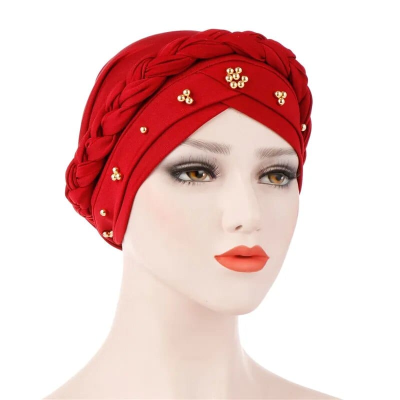 Showlu two-color cotton braid turban bonnet with pearl accents, inner hijab cap for Muslim women, head scarf with elegant style.