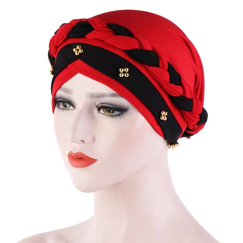 Showlu Two-Color Cotton Braid Turban Bonnet with pearls, Muslim women headscarf, inner hijab cap, stylish Arab wrap.