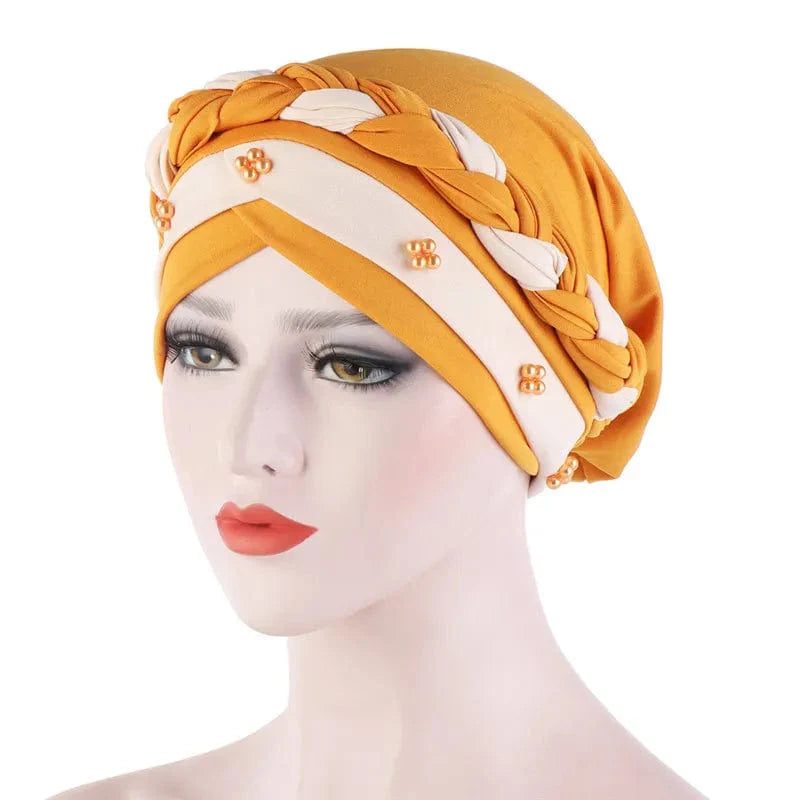 Showlu two-color cotton braid turban bonnet with pearls, featuring an inner hijab cap for Muslim women, stylish and comfortable head covering.
