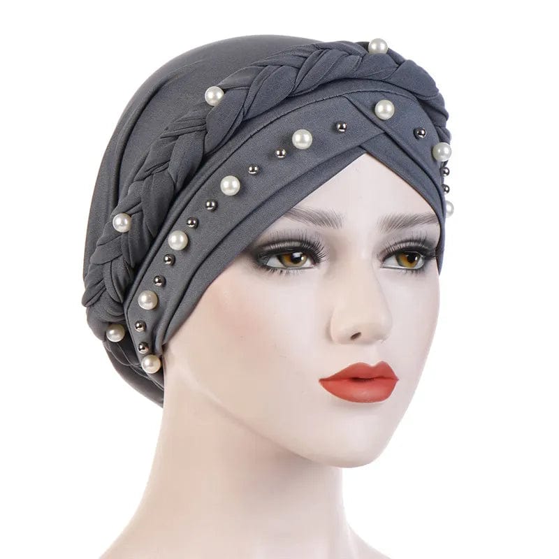 Showlu two-color cotton braid turban bonnet with pearls, inner hijab cap for Muslim women, head scarf with elegant design