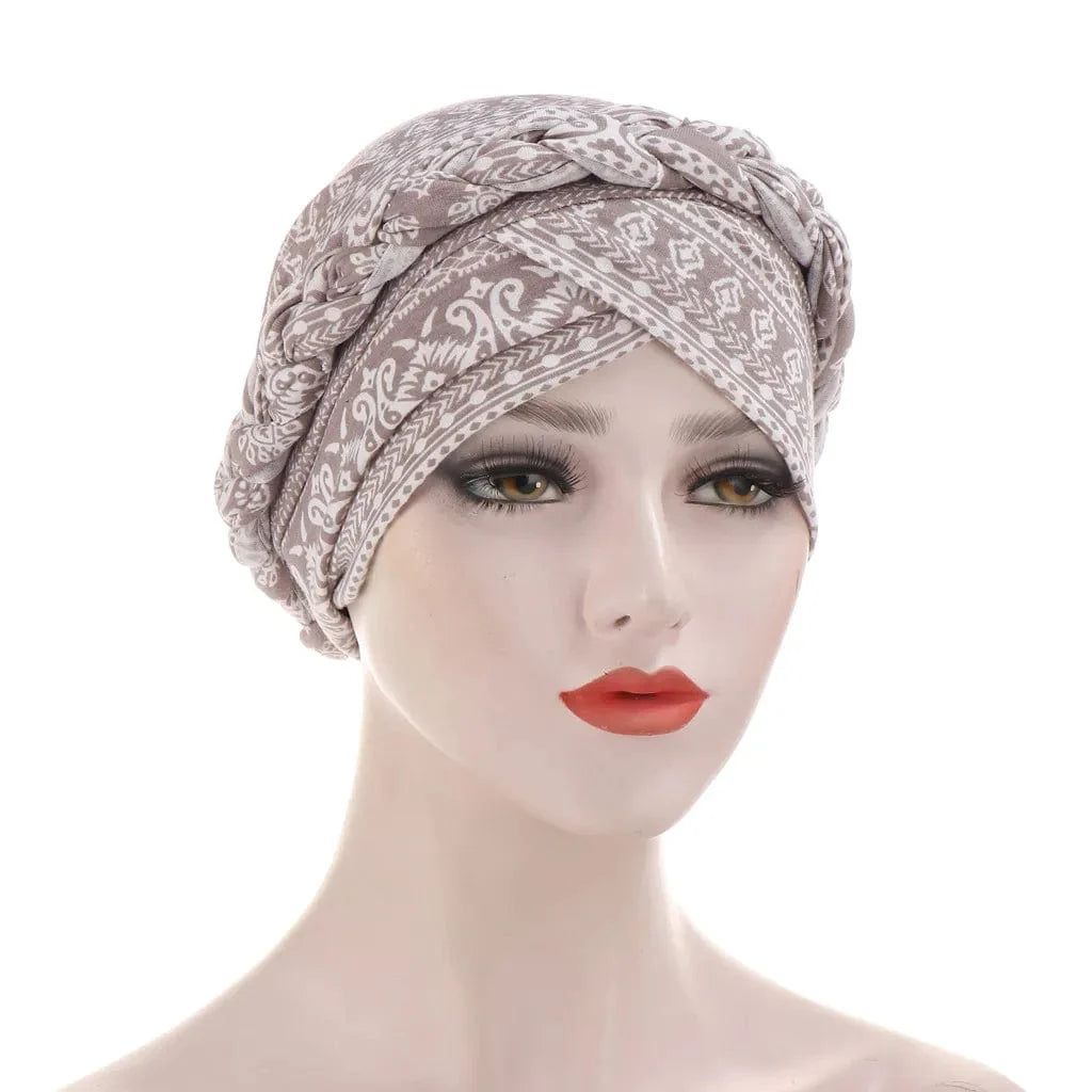 Showlu Two-Color Cotton Braid Turban Bonnet with pearls, Muslim women head scarf, inner hijab cap, stylish and comfortable.