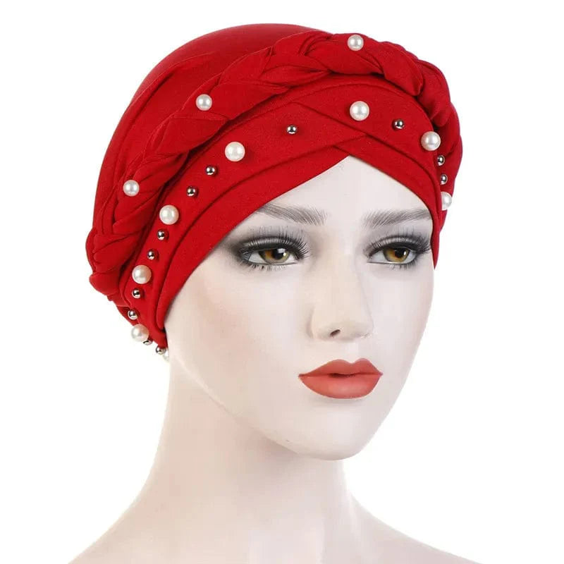Showlu two-color cotton braid turban bonnet with pearls, inner hijab cap for Muslim women, head scarf with elegant design