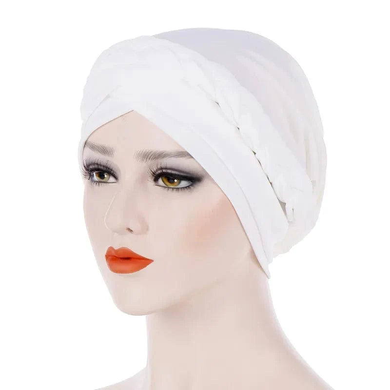 Showlu Two-Color Cotton Braid Turban Bonnet with Pearl accents, inner hijab cap for Muslim women, head scarf in natural fabric style.