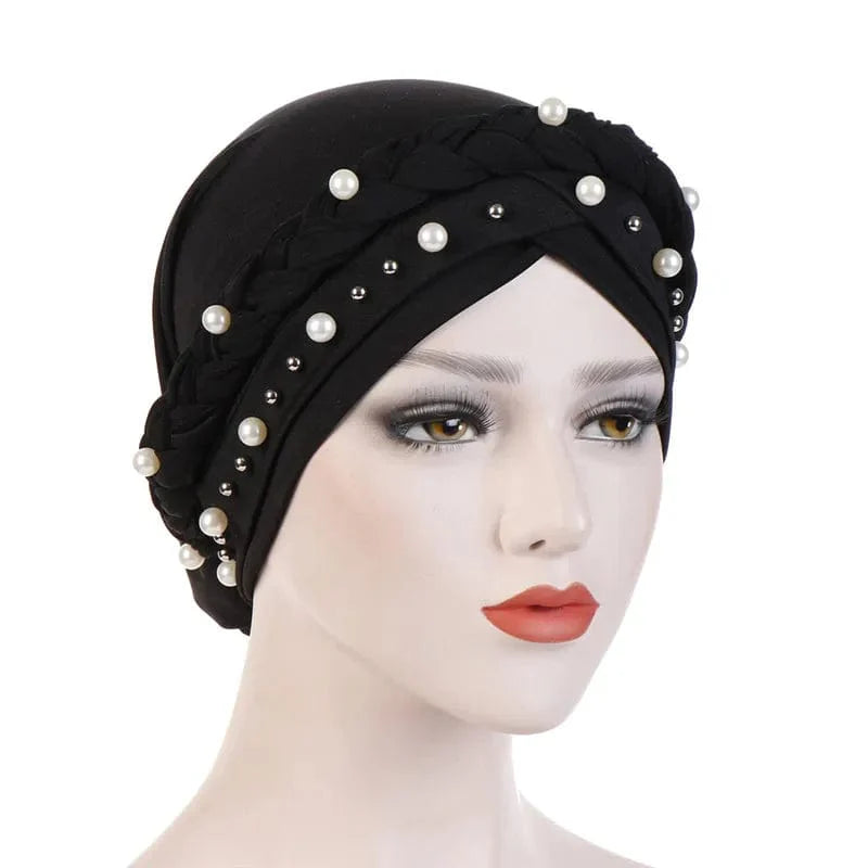 Showlu two-color cotton braid turban bonnet with pearls, inner hijab cap for Muslim women, head scarf for modest fashion.