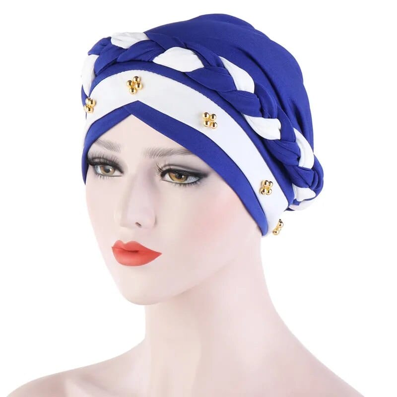 Showlu Two-Color Cotton Braid Turban Bonnet with pearls, Muslim women’s inner hijab cap, comfortable head scarf for women.
