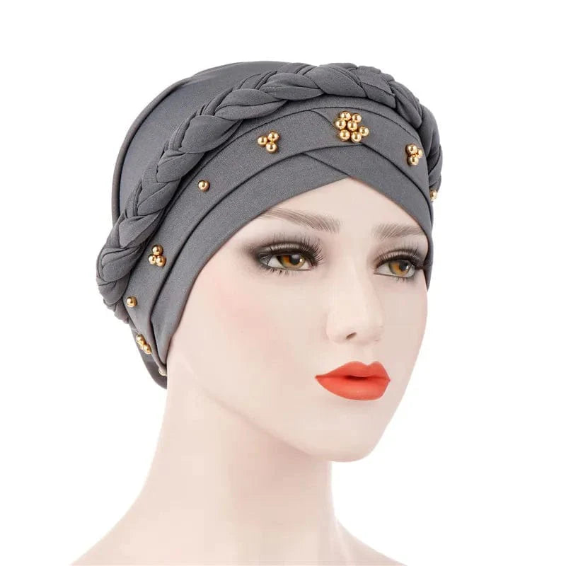 Showlu two-color cotton braid turban bonnet with pearls, inner hijab cap designed for Muslim women, head covering and fashion accessory.
