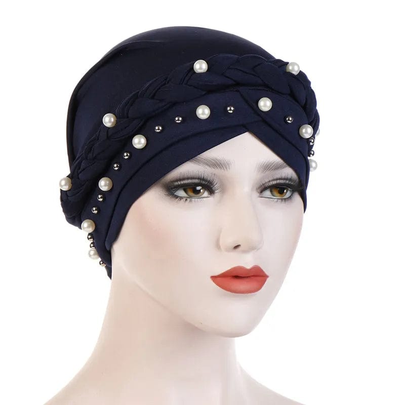 Showlu Two-Color Cotton Braid Turban Bonnet with pearls, Muslim women's inner hijab cap, stylish head-scarf for women