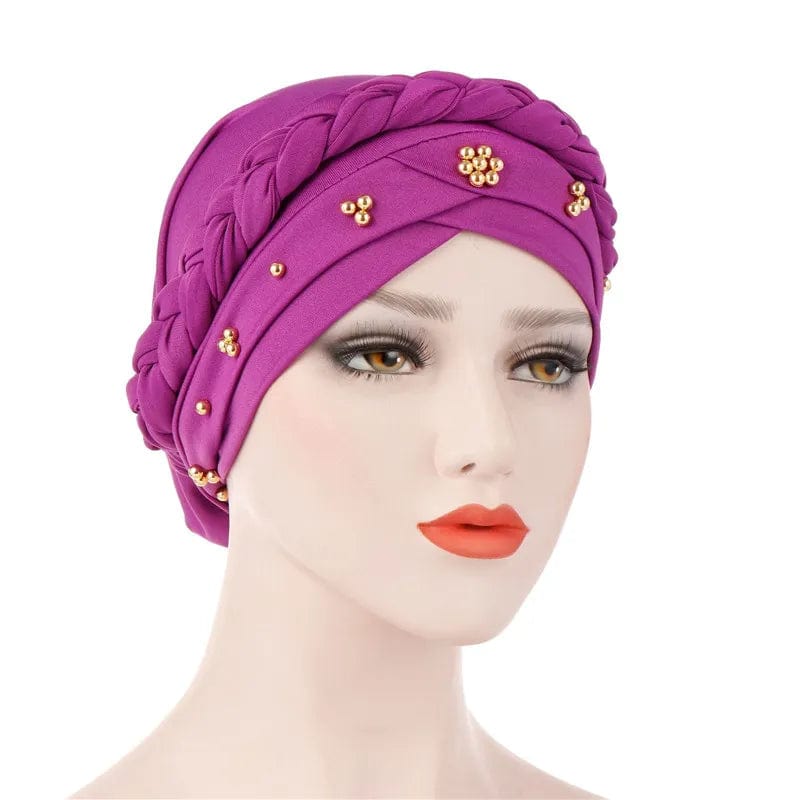 Showlu two-color cotton braid turban bonnet with pearls, Muslim hijab cap worn by women, featuring a stylish and comfortable design