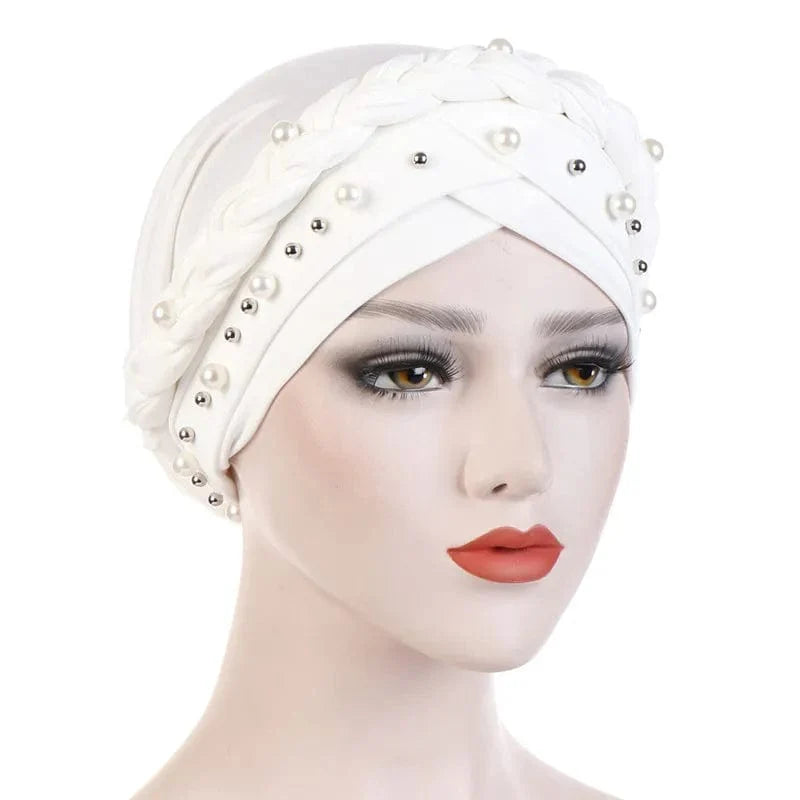 Showlu Two-Color Cotton Braid Turban Bonnet with pearls, inner hijab cap for Muslim women, head scarf, and wrap.