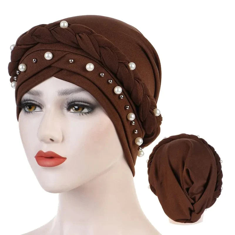 Showlu Two-Color Cotton Braid Turban Bonnet with pearls, Muslim women head scarf, inner hijab cap, feminine Arab wrap style