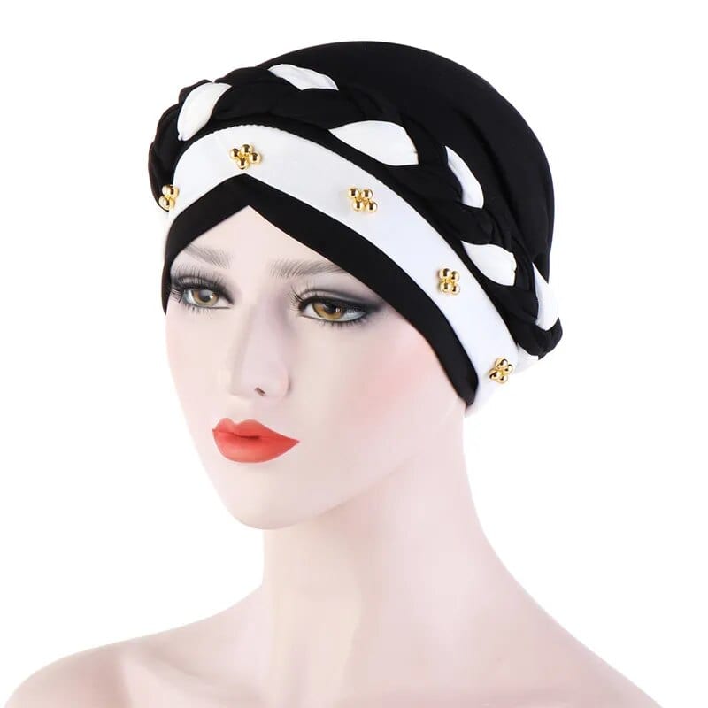 Showlu two-color cotton braid turban bonnet with pearls, Muslim women’s inner hijab cap, soft head-scarf for modest wear