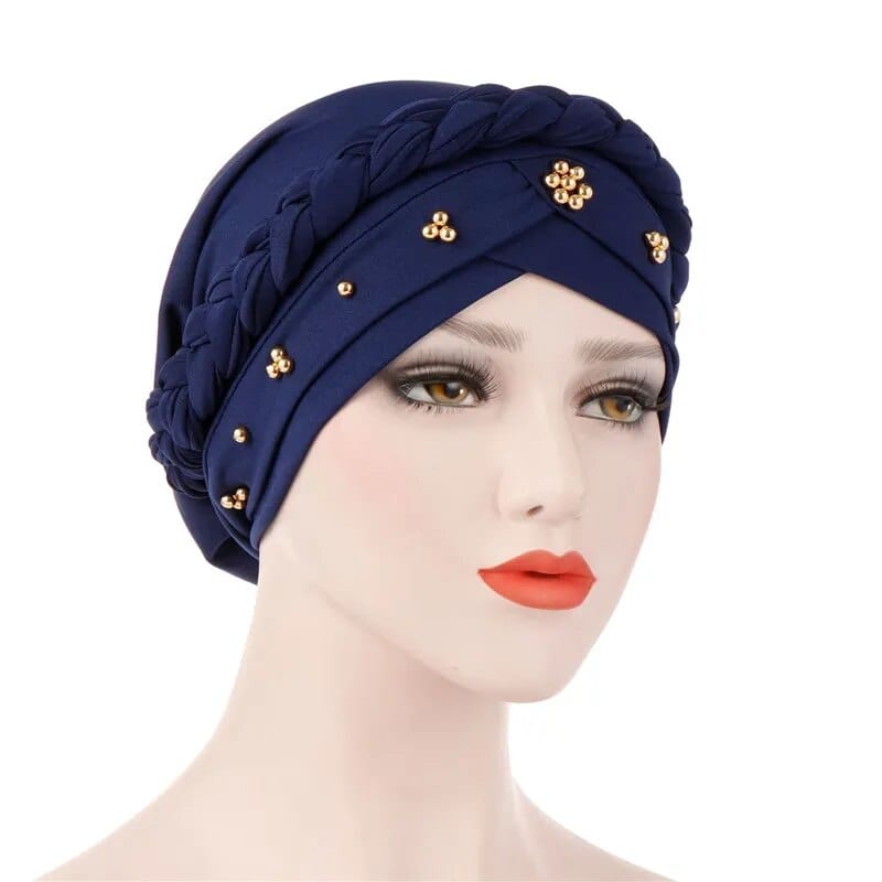 Showlu Two-Color Cotton Braid Turban Bonnet with pearls, Muslim women head scarf, inner hijab cap, feminine Arab wrap style