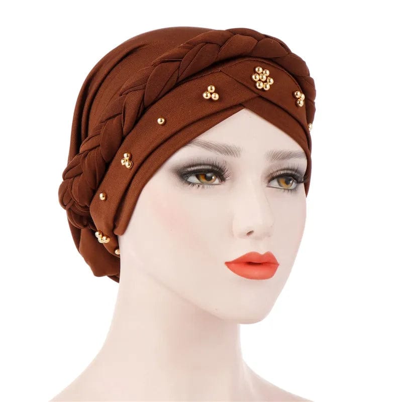 Showlu Two-Color Cotton Braid Turban Bonnet with pearls, Muslim women inner hijab cap, head covering, and stylish Arab wrap.