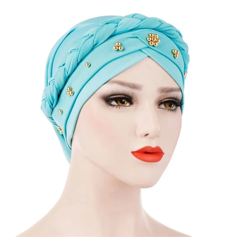 Showlu Two-Color Cotton Braid Turban Bonnet with pearls, inner hijab cap for Muslim women, stylish head scarf for women.