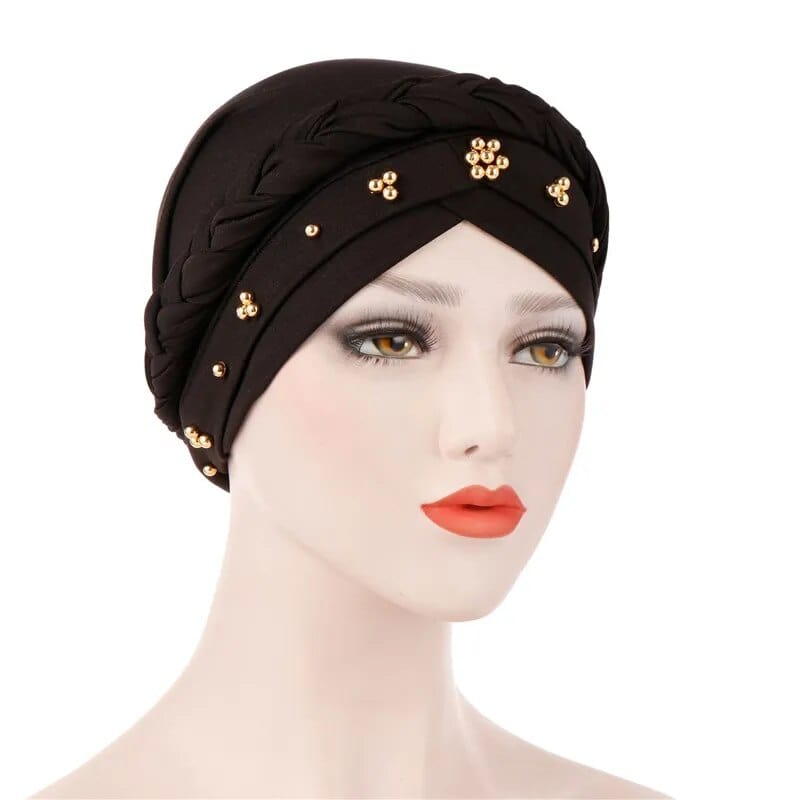 Showlu Two-Color Cotton Braid Turban Bonnet with pearls, Muslim women head scarf, inner hijab cap, stylish and comfortable.