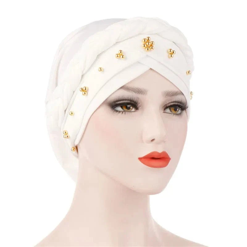 Two-color cotton braid turban bonnet with pearls, Muslim women’s inner hijab cap, stylish headscarf for Muslim women.