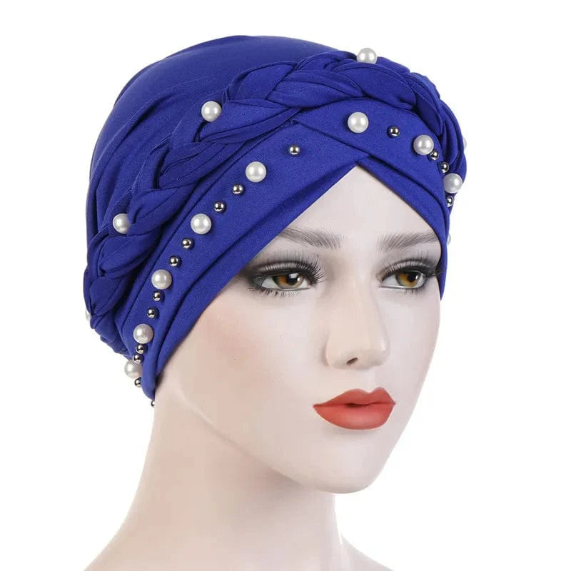 Showlu Two-Color Cotton Braid Turban Bonnet with pearls, Muslim women’s head scarf, inner hijab cap, and stylish wrap design