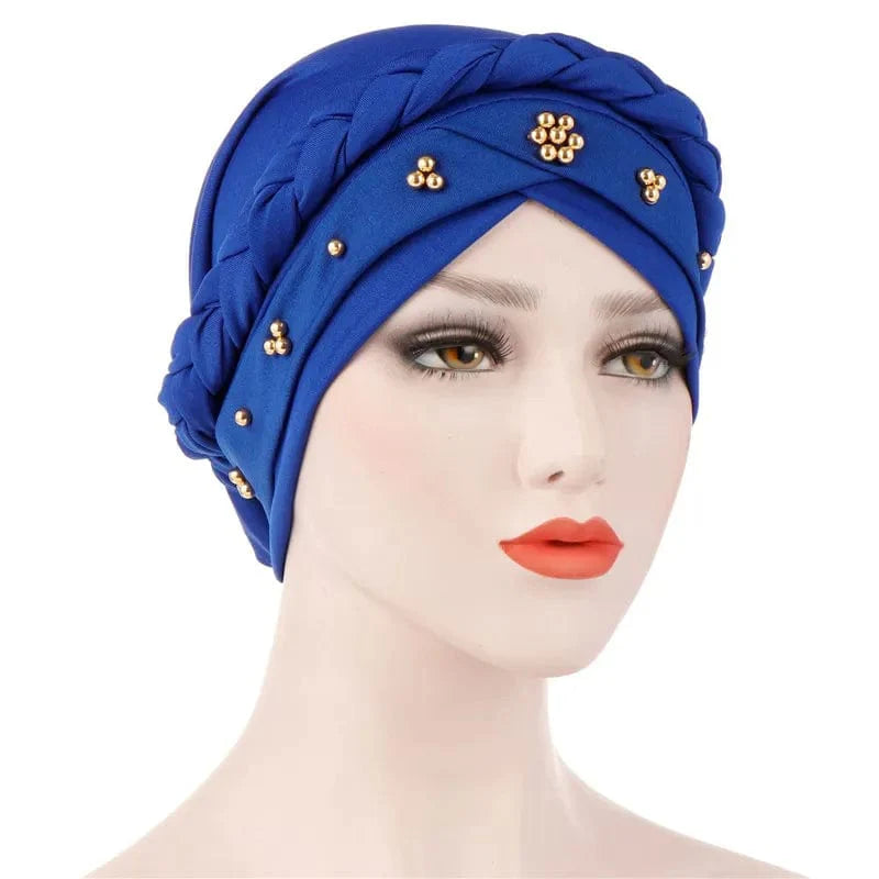 Showlu two-color cotton braid turban bonnet with pearls, Muslim women's inner hijab cap, headscarf for modest fashion.