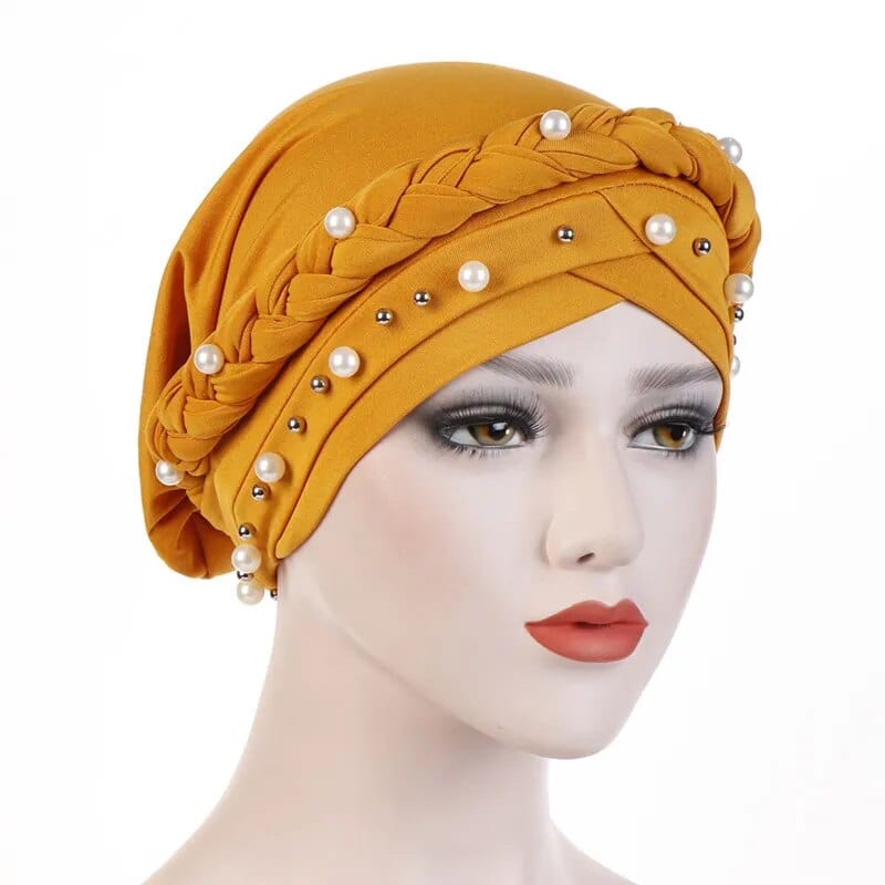 Showlu two-color cotton braid turban bonnet with pearls, inner hijab cap for Muslim women, stylish head-scarf for women