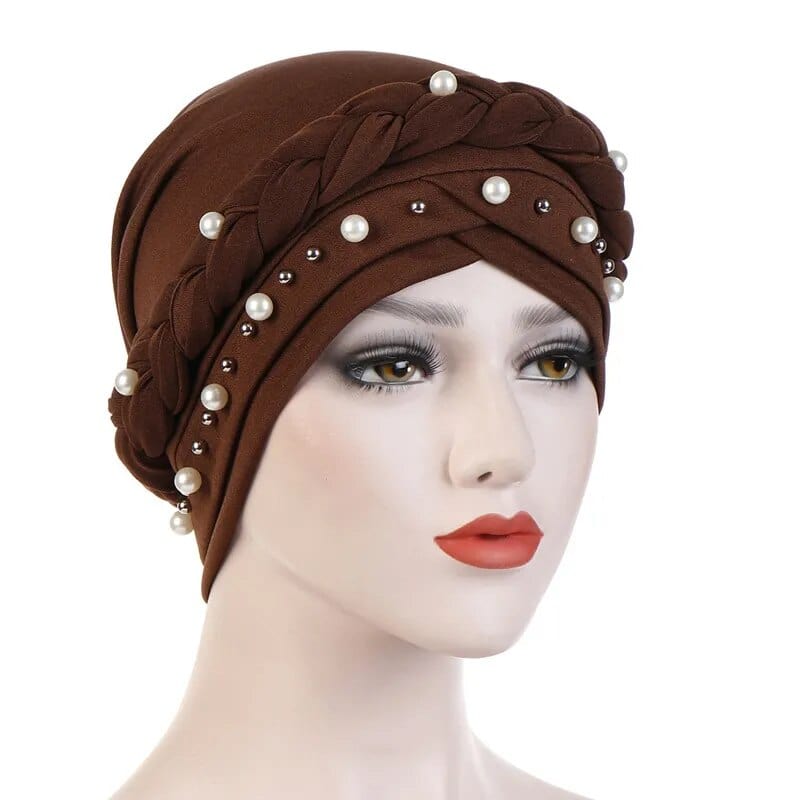 Showlu Two-Color Cotton Braid Turban Bonnet with pearls, inner hijab cap for Muslim women, head scarf, and stylish Arab wrap.