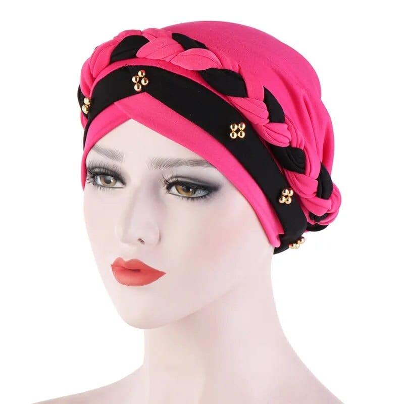 Showlu two-color cotton braid turban bonnet with pearls, inner hijab cap for Muslim women, head scarf for Muslim women.