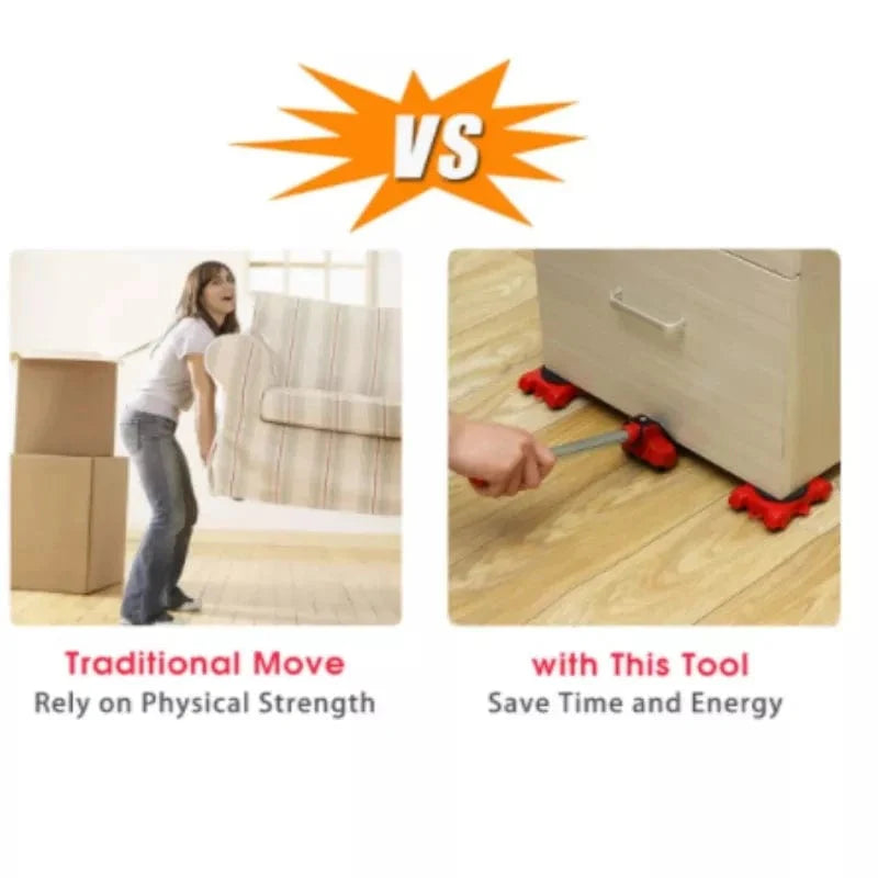 Heavy-duty furniture lifter and mover set with four rollers, shown with wheels and tools for lifting and transporting furniture.