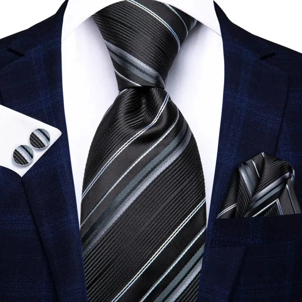 Hi-Tie navy blue striped silk tie set with matching hanky and cufflinks, men's wedding and business necktie accessories.