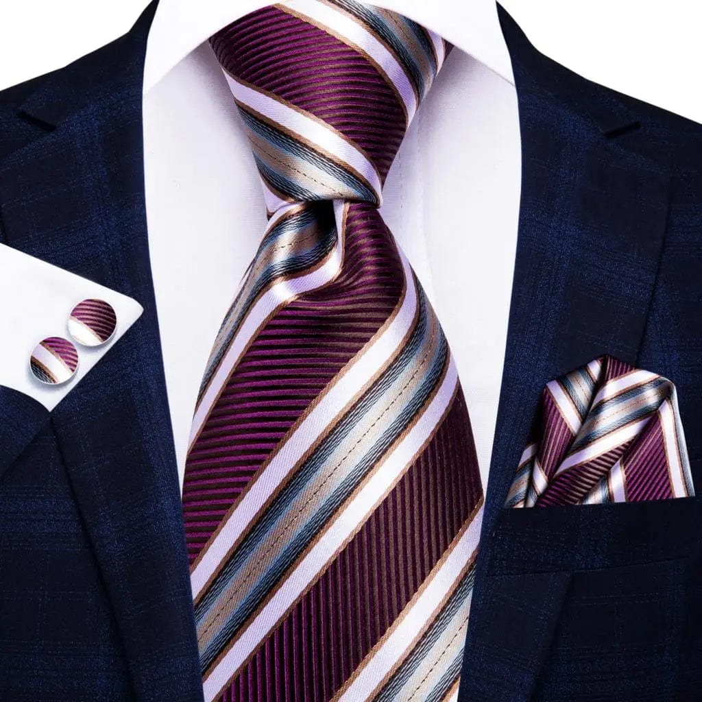 Navy blue striped silk tie set for men, includes matching hanky and cufflinks, perfect for weddings, business, or formal events.