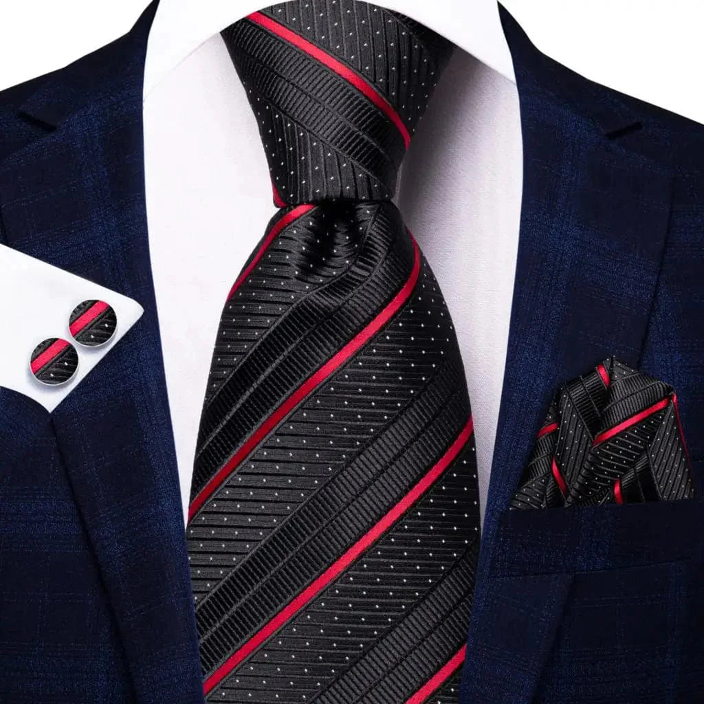Navy blue striped silk tie set for men including necktie, pocket hanky, and cufflinks, perfect for formal or business occasions.