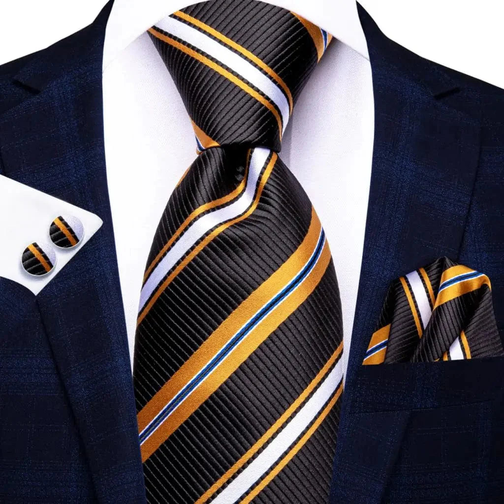 Navy blue striped silk tie set for men including necktie, pocket hanky, and cufflinks, perfect for formal and business occasions.