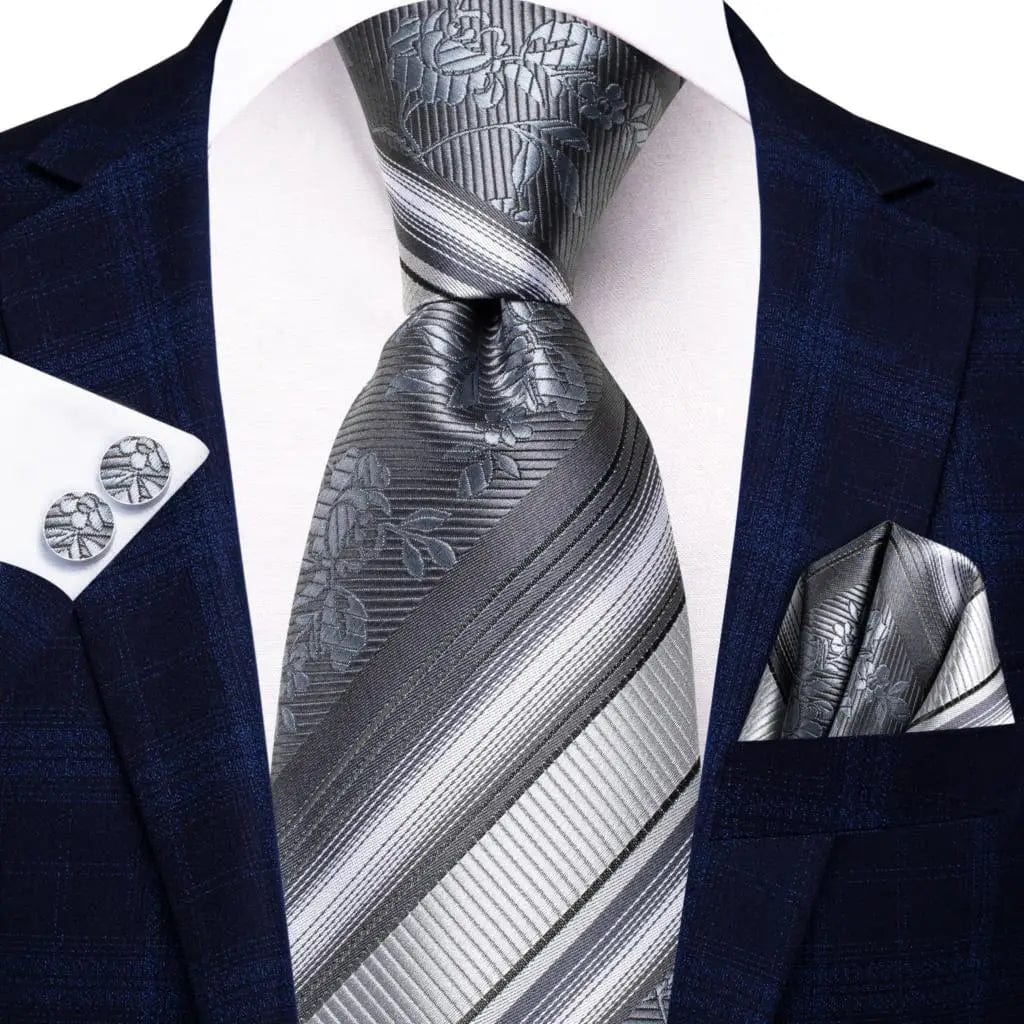 Navy blue striped silk tie set for men, includes matching hanky and cufflinks, perfect for weddings, business, or parties.
