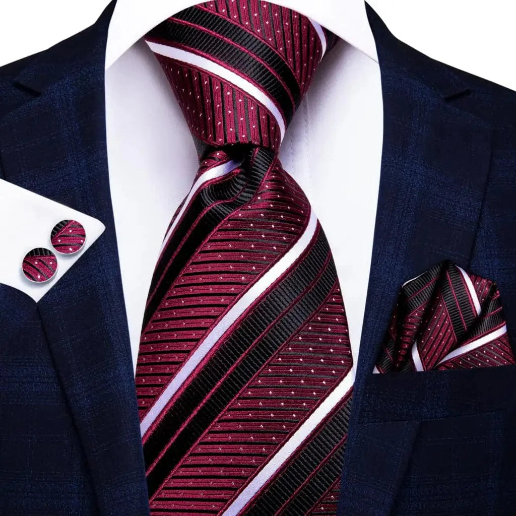 Navy blue striped silk tie set for men with matching hanky and cufflinks, perfect for weddings, business, or parties.