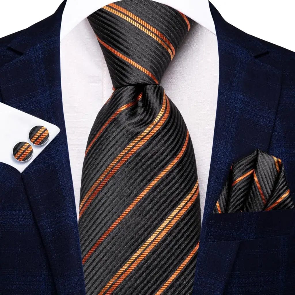 Navy blue striped silk tie set for men with matching hanky and cufflinks, ideal for formal events and business occasions.