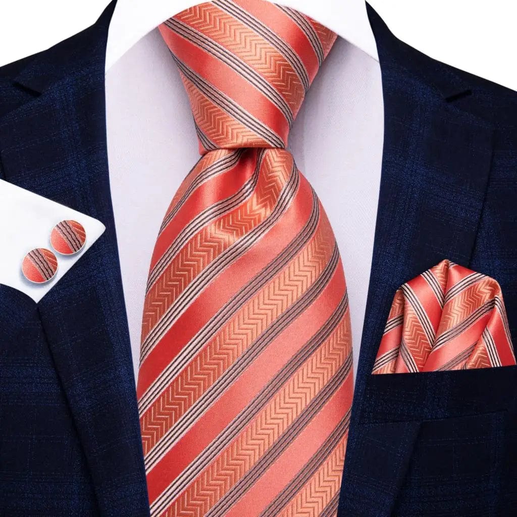 Navy blue striped silk tie set for men including necktie, pocket hanky, and cufflinks, perfect for formal occasions.