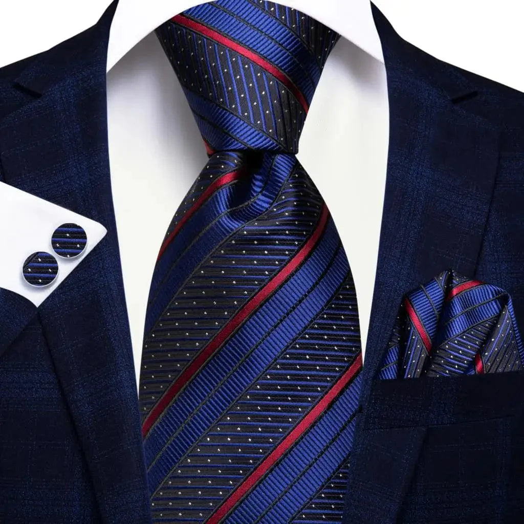 Navy blue striped silk tie set with matching hanky and cufflinks for men, perfect for weddings, business, or formal occasions.