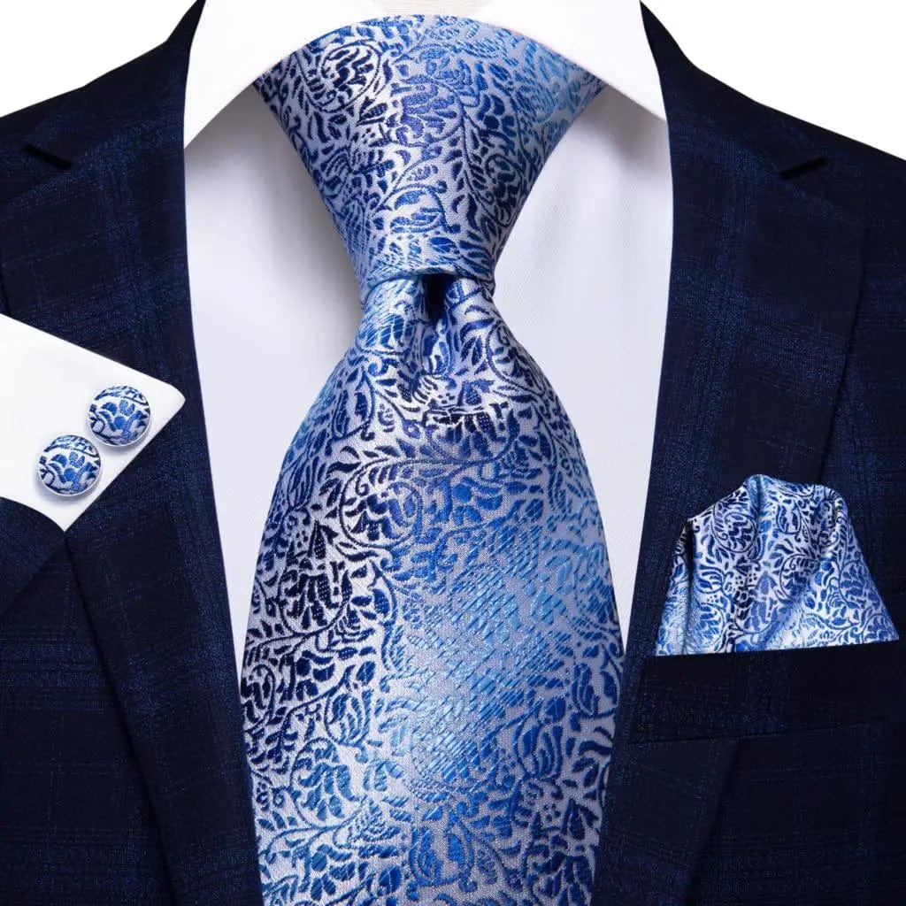 Navy blue striped silk tie set for men with matching hanky and cufflinks, perfect for formal weddings and business events.